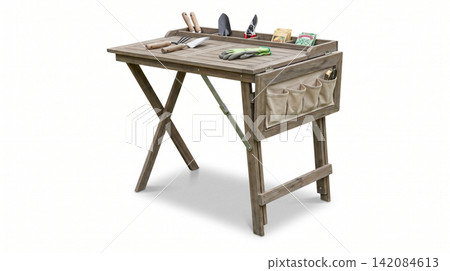 Portable folding gardening workbench table with tool storage pockets and hand tools workbench portable gardening furniture equipment organizer cultivation hardware accessory isolated Portable folding gardening workbench table with tool storage pockets and hand tools workbench portable gardening furniture equipment organizer cultivation hardware accessory isolated 142084613
