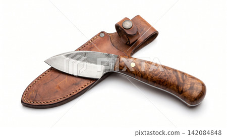 Handmade outdoor utility knife with wooden burl handle inside brown leather sheath on white background survival equipment accessory isolated background horizontal composition handmade 142084848