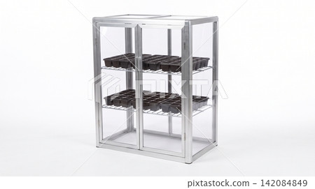 Metal frame glass greenhouse display cabinet with seedling trays on white background greenhouse seedlings container cultivation gardening equipment transparent background isolated vertical Metal frame glass greenhouse display cabinet with seedling trays on white background greenhouse seedlings container cultivation gardening equipment transparent background isolated vertical 142084849