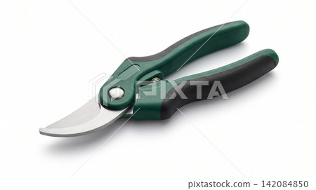 Green garden pruning shears and secateurs with ergonomic handle on white background secateurs trimming ergonomic background isolated horizontal composition equipment accessory backyard Green garden pruning shears and secateurs with ergonomic handle on white background secateurs trimming ergonomic background isolated horizontal composition equipment accessory backyard 142084850