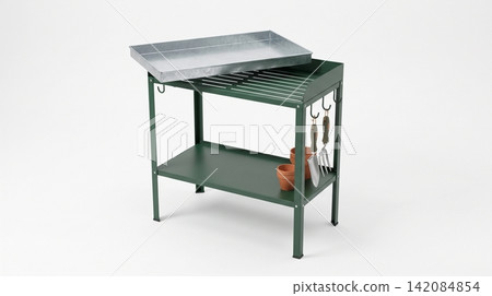 Green metal gardening workbench with shelf and accessories against white wall workbench gardening furniture perforated workshop equipment accessory organization structure industrial Green metal gardening workbench with shelf and accessories against white wall workbench gardening furniture perforated workshop equipment accessory organization structure industrial 142084854