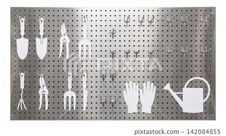 Metal pegboard wall organizer panel equipped with gardening tools and watering can pegboard organizer perforated gardening equipment hardware watering accessories workshop mounting interior Metal pegboard wall organizer panel equipped with gardening tools and watering can pegboard organizer perforated gardening equipment hardware watering accessories workshop mounting interior 142084855