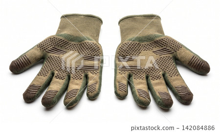 Pair of textured knit work gloves placed on white background with textured protective material construction gardening maintenance hardware accessory isolated background industrial Pair of textured knit work gloves placed on white background with textured protective material construction gardening maintenance hardware accessory isolated background industrial 142084886
