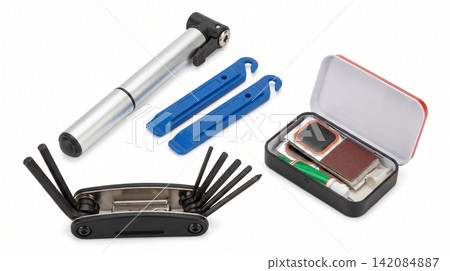 Bicycle repair and maintenance toolkit with pump and patch kit maintenance puncture multitool emergency roadside accessory equipment mechanic collection isolated background composition Bicycle repair and maintenance toolkit with pump and patch kit maintenance puncture multitool emergency roadside accessory equipment mechanic collection isolated background composition 142084887