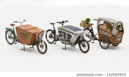 Three different modern cargo bikes featuring wooden boxes and transport configurations transport delivery electric tricycle mobility sustainable commercial container vegetables handlebar Three different modern cargo bikes featuring wooden boxes and transport configurations transport delivery electric tricycle mobility sustainable commercial container vegetables handlebar 142084935