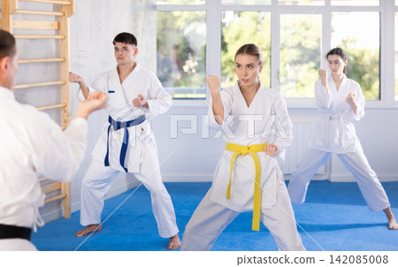 Fighting stance of men and women during group karate training in gym Fighting stance of men and women during group karate training in gym 142085008