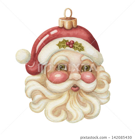 Santa head watercolor vintage glass ornament. Christmas tree bauble red and white Claus face with beard. Classic holiday decoration for poster design. Retro nostalgic decor for winter celebration. Santa head watercolor vintage glass ornament. Christmas tree bauble red and white Claus face with beard. Classic holiday decoration for poster design. Retro nostalgic decor for winter celebration. 142085430
