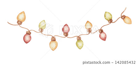 Watercolor Christmas garland with colorful light bulb strand. Vintage holiday illustration shows cute teardrop string decor. Festive ornament suits card and banner frame. Seasonal graphic for party. Watercolor Christmas garland with colorful light bulb strand. Vintage holiday illustration shows cute teardrop string decor. Festive ornament suits card and banner frame. Seasonal graphic for party. 142085432