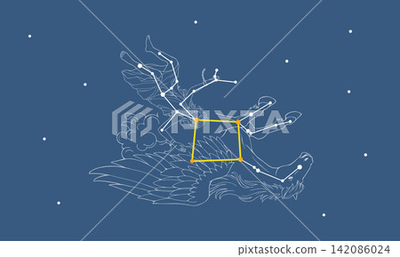 秋之大四邊形漂浮在星空之上（白色線條描繪星座及其輪廓，黃色四邊形） 142086024