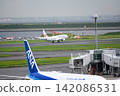 A JAL aircraft taking off from Haneda Airport and an ANA aircraft parked at the airport. 142086531