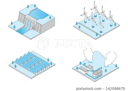 Isometric illustrations of renewable energy facilities: hydroelectric, wind, solar, and geothermal power generation set. Isometric illustrations of renewable energy facilities: hydroelectric, wind, solar, and geothermal power generation set. 142086670
