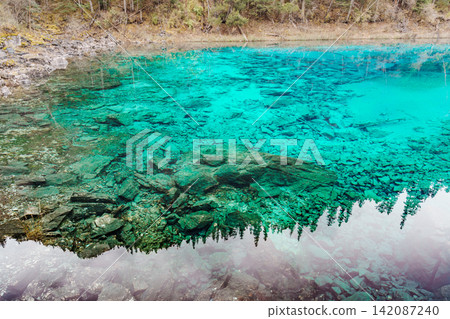 Scenery Jiuzhaigou national park in Sichuan, China. Beautiful Colorful Pond in Autumn season. Famous Landmark and Vacation near Chengdu, China. Asia travel concept 142087240