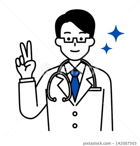 A male doctor making a peace sign A male doctor making a peace sign 142087503