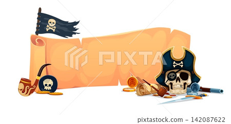 Old paper pirate scroll banner with Jolly Roger flag, captain skull in tricorn hat, smoking pipe, telescope and gold coins. Cartoon blank parchment for mobile game menus or pirate party invitations Old paper pirate scroll banner with Jolly Roger flag, captain skull in tricorn hat, smoking pipe, telescope and gold coins. Cartoon blank parchment for mobile game menus or pirate party invitations 142087622