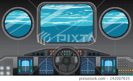 Submarine Cockpit Interior with Porthole View of Ocean Waves 142087635