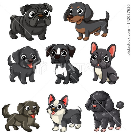 Set of Cute Black and Dark Gray Cartoon Dog Breed Illustrations Set of Cute Black and Dark Gray Cartoon Dog Breed Illustrations 142087636