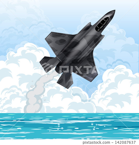 Stealth Fighter Jet Flying Over Ocean with Camouflage Pattern Vector Illustration Stealth Fighter Jet Flying Over Ocean with Camouflage Pattern Vector Illustration 142087637