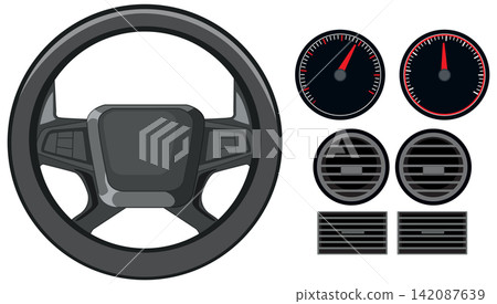 Vector Illustration of Car Steering Wheel and Dashboard Instrument Gauges Vector Illustration of Car Steering Wheel and Dashboard Instrument Gauges 142087639