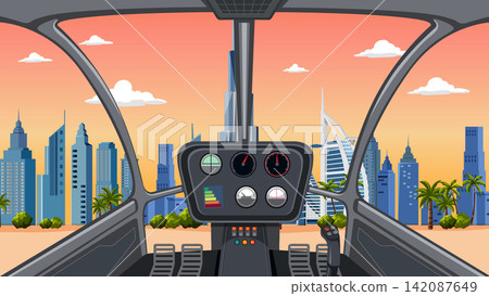 Helicopter Cockpit View of Modern City Skyline at Sunset Helicopter Cockpit View of Modern City Skyline at Sunset 142087649