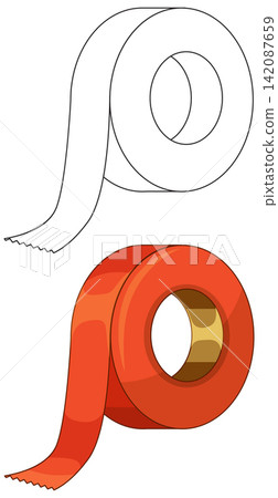 Red Adhesive Tape Roll and Black and White Line Art Illustration Red Adhesive Tape Roll and Black and White Line Art Illustration 142087659