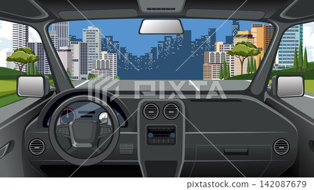 First Person View of Car Interior Driving Toward City Skyline First Person View of Car Interior Driving Toward City Skyline 142087679