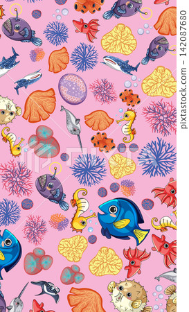 Seamless Cartoon Pattern of Colorful Ocean Animals and Coral Reef 142087680