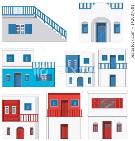 Mediterranean Style Coastal House Vector Illustration Set with Blue and Red Accents Mediterranean Style Coastal House Vector Illustration Set with Blue and Red Accents 142087681