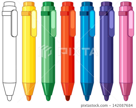 Set of Colorful Plastic Pens in a Row Vector Illustration Set of Colorful Plastic Pens in a Row Vector Illustration 142087684
