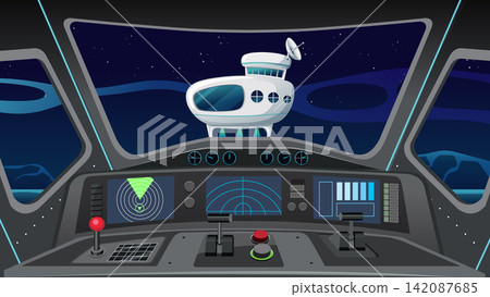 Futuristic Spaceship Cockpit Interior with Satellite and Starry Outer Space View 142087685