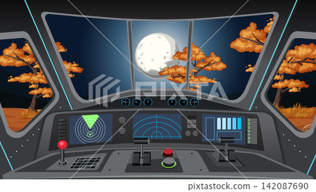 Spaceship Cockpit Interior View Overlooking Full Moon and Night Landscape 142087690