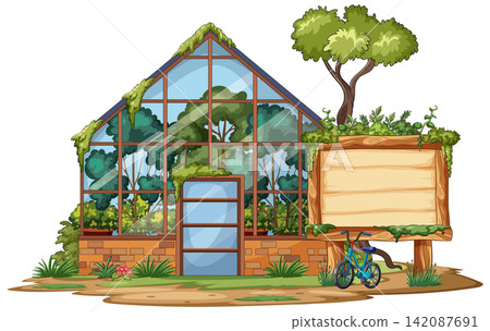 Abandoned Glass Greenhouse With Overgrown Trees And Bicycle Abandoned Glass Greenhouse With Overgrown Trees And Bicycle 142087691