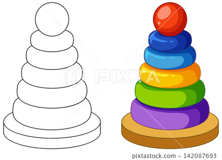 Colorful Toy Ring Stacker and Line Art Coloring Page Template Colorful Toy Ring Stacker and Line Art Coloring Page Template 142087693