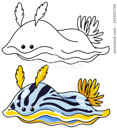 Cute Sea Slug Nudibranch Vector Illustration in Color and Line Art Cute Sea Slug Nudibranch Vector Illustration in Color and Line Art 142087708