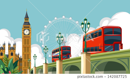 London Cityscape Vector Illustration with Big Ben and Red Double Decker Buses London Cityscape Vector Illustration with Big Ben and Red Double Decker Buses 142087725