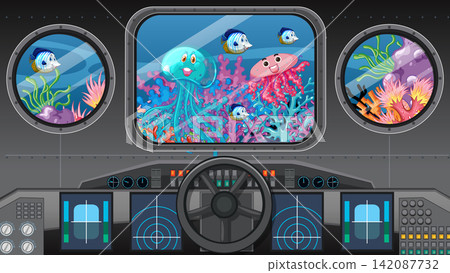 Submarine Cockpit View of Colorful Coral Reef and Sea Life Submarine Cockpit View of Colorful Coral Reef and Sea Life 142087732