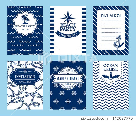 Marine nautical invites. Invitation card templates with rope borders, anchors, waves, lighthouses and classic blue white sea color for beach party, ocean cruise, summer event, seaside wedding, travel 142087779