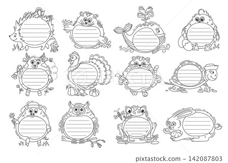 Funny cute animals and birds kids memo note frames and stickers. Vector black and white cartoon hedgehog, hamster, whale, chicken, cow, turkey, tiger, turtle, pig, owl, frog and rabbit characters set Funny cute animals and birds kids memo note frames and stickers. Vector black and white cartoon hedgehog, hamster, whale, chicken, cow, turkey, tiger, turtle, pig, owl, frog and rabbit characters set 142087803