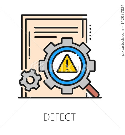 Product quality defect inspection icon or label. Product quality and production defects inspection color line vector pictogram or icon. Regulatory control sign with cogwheel and magnifying glass Product quality defect inspection icon or label. Product quality and production defects inspection color line vector pictogram or icon. Regulatory control sign with cogwheel and magnifying glass 142087824