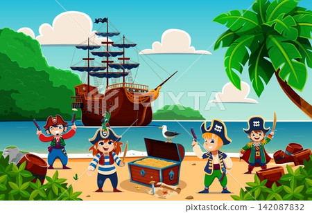 Cartoon kid pirate characters on Caribbean island with treasure chest and sail boat at sea. Kid pirates crew or corsair characters of funny boy captain sailor, girl skipper with parrot and musket gun Cartoon kid pirate characters on Caribbean island with treasure chest and sail boat at sea. Kid pirates crew or corsair characters of funny boy captain sailor, girl skipper with parrot and musket gun 142087832