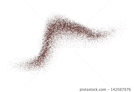 Coffee or pepper powder wave, chocolate or cocoa dust burst. Isolated realistic 3d swirling, crumbs, dusting grain wave, noisy scatters or granules. Spicy cinnamon brown explosion, pithy sand splash 142087876