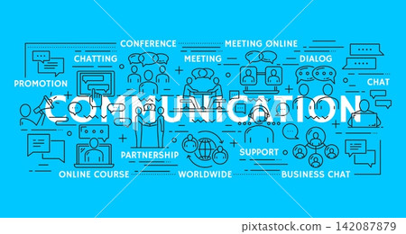 Business team, support communication and message icons. Line pictogram symbols representing online courses, conference and business chat with chat bubbles, video meeting screens, headset and webinars 142087879