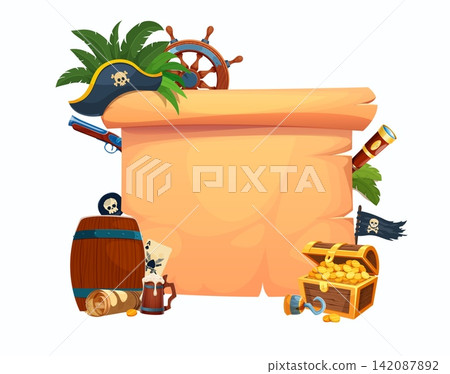 Pirate and corsair old paper scroll banner with treasure chest of gold and rum barrel. Pirate banner with Caribbean island palms, beer mug and Jolly Roger flag with skull and captain sailor tricorn Pirate and corsair old paper scroll banner with treasure chest of gold and rum barrel. Pirate banner with Caribbean island palms, beer mug and Jolly Roger flag with skull and captain sailor tricorn 142087892