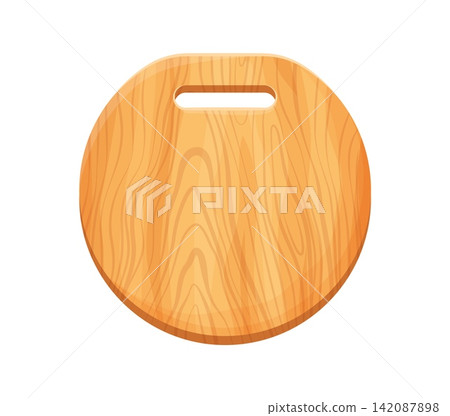 Round cartoon wooden chopping board with realistic timber texture. Kitchen cutting board utensil icon with convenient horizontal handle cutout and natural wood grain pattern for cooking blog banners Round cartoon wooden chopping board with realistic timber texture. Kitchen cutting board utensil icon with convenient horizontal handle cutout and natural wood grain pattern for cooking blog banners 142087898