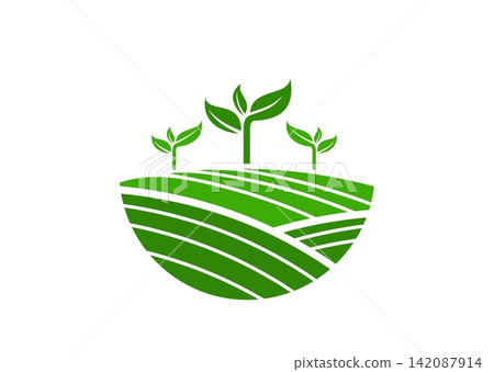 Farmland green plant, agriculture farm icon. Modern emblem with green crop field and young plant sprouts. Agriculture symbol with fresh seedlings for gardening and sustainable food production Farmland green plant, agriculture farm icon. Modern emblem with green crop field and young plant sprouts. Agriculture symbol with fresh seedlings for gardening and sustainable food production 142087914