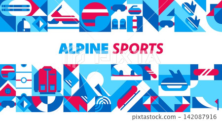 Geometric mosaic winter alpine sports poster. Horizontal banner with skis, ice skates, goggles, curling stones and mountains for ski resort advertisement headers and seasonal mountain tourism flyers 142087916