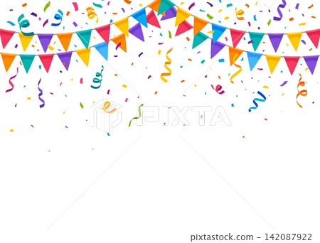 Carnival confetti and flags garland for holiday party background with paper ribbons. Festive banner with carnival confetti or anniversary and fiesta event bg with color streamers and bunting flags Carnival confetti and flags garland for holiday party background with paper ribbons. Festive banner with carnival confetti or anniversary and fiesta event bg with color streamers and bunting flags 142087922