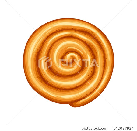 Cartoon sweet cinnamon bun, Danish roll bakery with golden swirl pattern. Swirl sugar pastry cookies with layers of soft baked dough and brown cinnamon. Pastry cookies for bakery and coffee shop menu Cartoon sweet cinnamon bun, Danish roll bakery with golden swirl pattern. Swirl sugar pastry cookies with layers of soft baked dough and brown cinnamon. Pastry cookies for bakery and coffee shop menu 142087924
