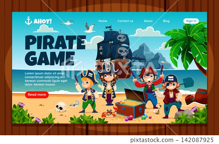 Kids pirate party and birthday celebration landing page with Caribbean island. Landing page or pirate game website template with funny kid corsair characters of boy captain sailor with treasure chest Kids pirate party and birthday celebration landing page with Caribbean island. Landing page or pirate game website template with funny kid corsair characters of boy captain sailor with treasure chest 142087925