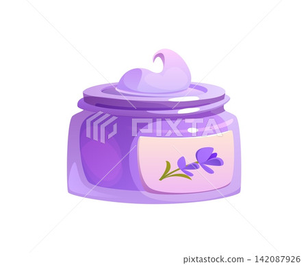 Cosmetic container filled of purple lavender cream with swirl on surface. Pale label decorated with lavender flower. Cosmetics advertising, skincare and aromatherapy, spa beauty lavender herbal cream Cosmetic container filled of purple lavender cream with swirl on surface. Pale label decorated with lavender flower. Cosmetics advertising, skincare and aromatherapy, spa beauty lavender herbal cream 142087926