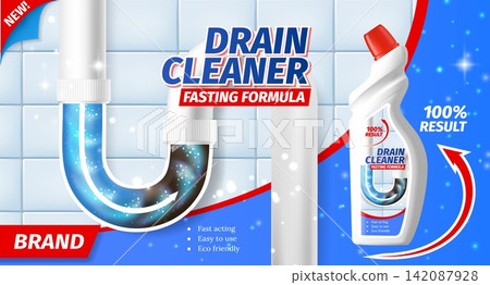Pipe drain cleaner plastic product bottle with cleaning effect on pipes. Promo banner with arrows, bubbles and glowing liquid removing dirt and blockages, 3d effective cleaning against clog or buildup Pipe drain cleaner plastic product bottle with cleaning effect on pipes. Promo banner with arrows, bubbles and glowing liquid removing dirt and blockages, 3d effective cleaning against clog or buildup 142087928
